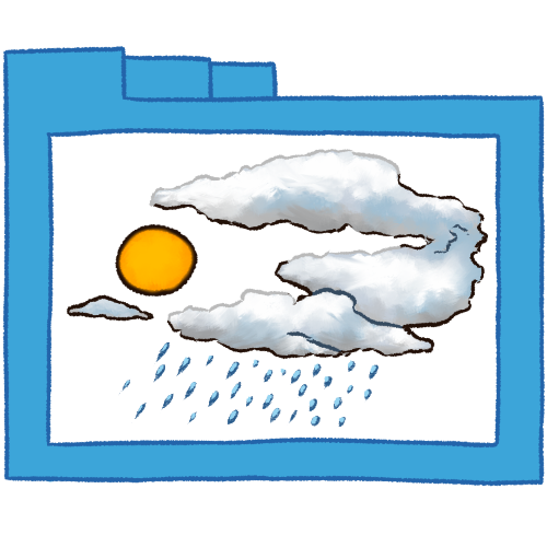 A hollow blue folder with thin lineart. Inside of it are several white, gray, and blue clouds and a yellow-orange sun. There is rain underneath the clouds done in white and dark blue.